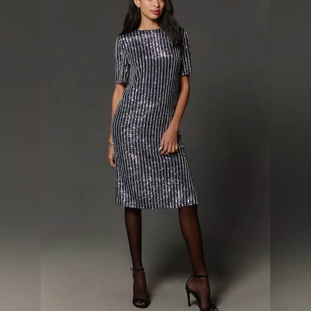 Anthropologie Flat White Short-Sleeve Sequin Stripe Midi Dress Blue Silver